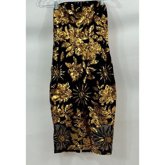 MILLY Sz 0 XS Kait Dress Gold Black Sequin Holiday Nights Strapless Midi - Picture 2 of 11